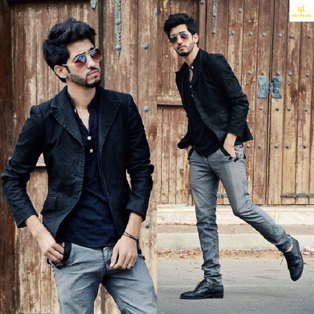 Áo sơ mi đen với quần tây màu xám