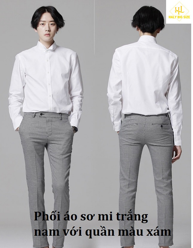 Phói áo sơ mi trắng với quần màu xám
