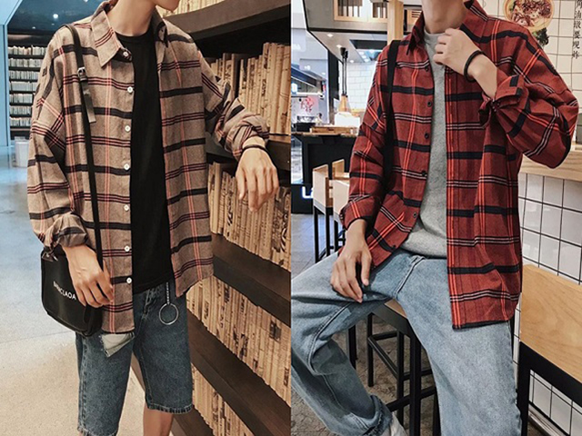 Áo sơ mi caro khoác ngoài áo thun