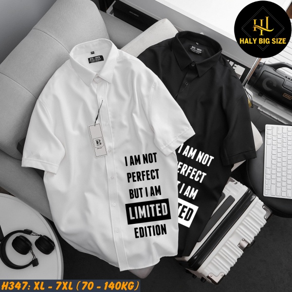 Áo sơ mi nam big size tay ngắn in chữ H347
