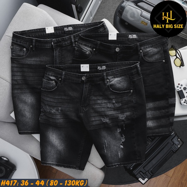 Quần short jean nam big size wash tông đen H417