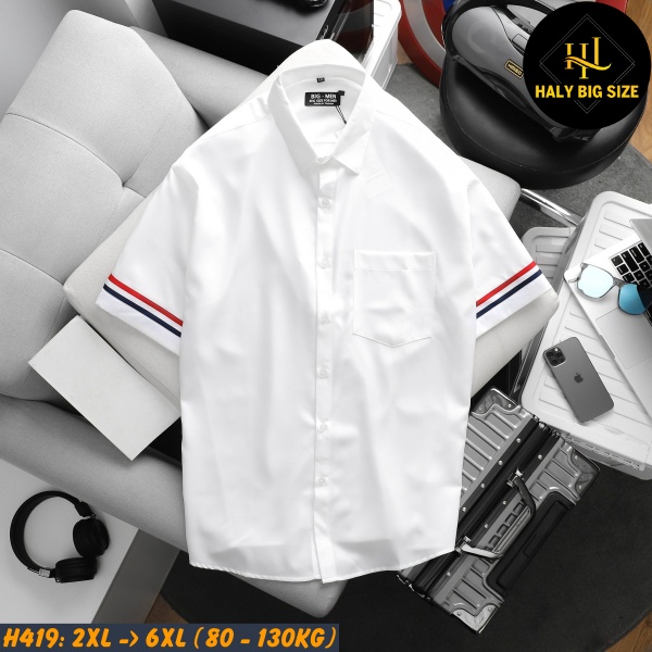 Áo sơ mi nam big size phối 3 sọc viền tay áo H419