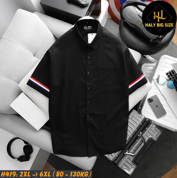 Áo sơ mi nam big size phối 3 sọc viền tay áo H419