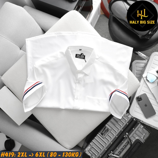 Áo sơ mi nam big size phối 3 sọc viền tay áo H419