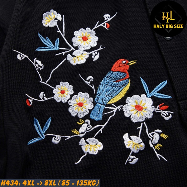 Áo polo nam big size đen thêu hình chim H434