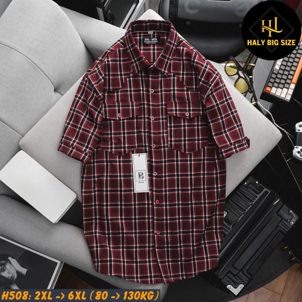 Áo sơ mi nam big size tay ngắn nỉ caro nhỏ H508