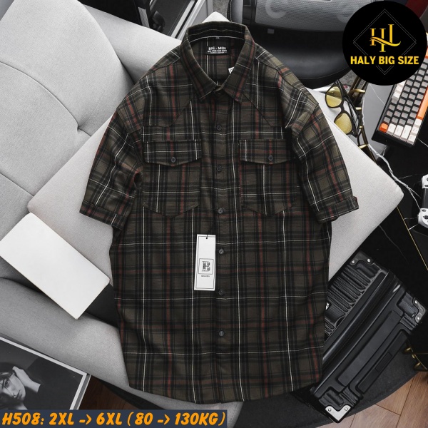 Áo sơ mi nam big size tay ngắn nỉ caro nhỏ H508