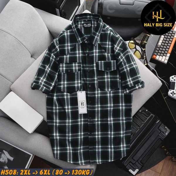 Áo sơ mi nam big size tay ngắn nỉ caro nhỏ H508