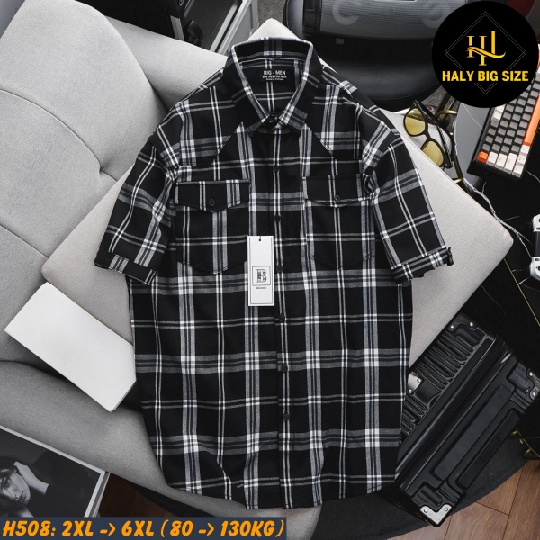 Áo sơ mi nam big size tay ngắn nỉ caro nhỏ H508