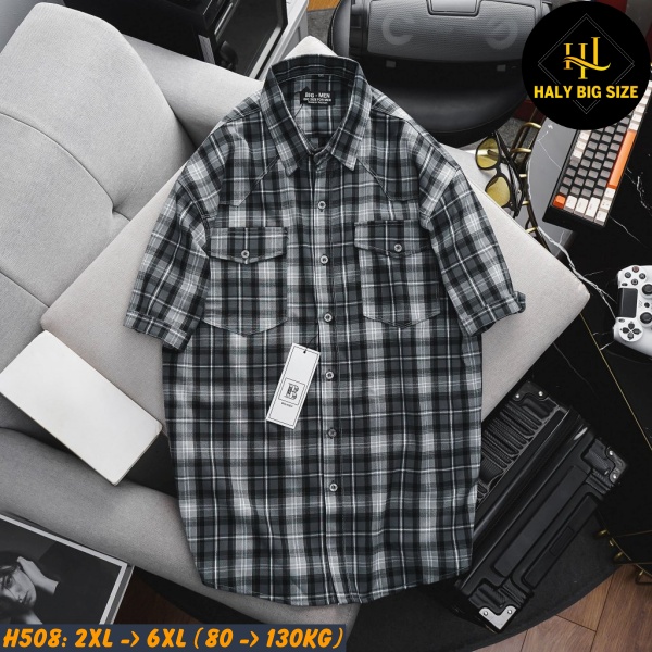 Áo sơ mi nam big size tay ngắn nỉ caro nhỏ H508