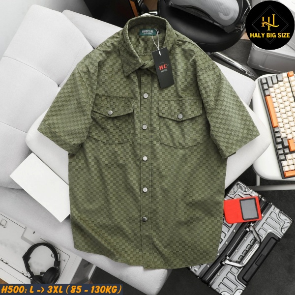 Áo sơ mi nam big size tay ngắn nhung caro nhỏ H500