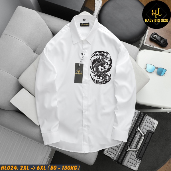 Áo sơ mi nam big size dài tay đen in rồng HL024