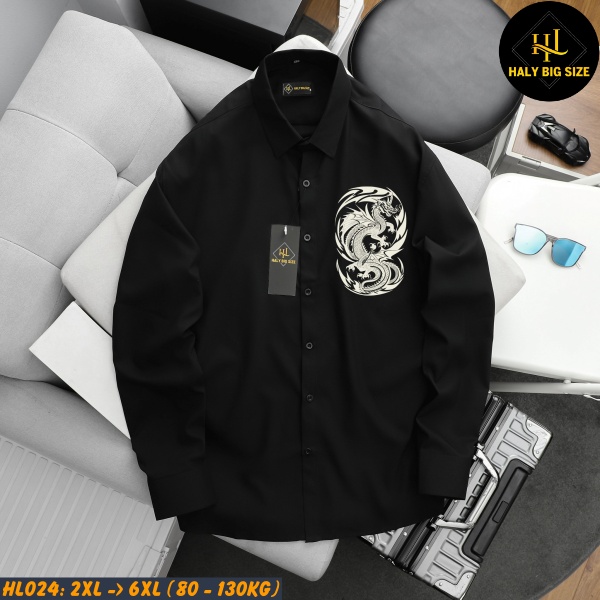 Áo sơ mi nam big size dài tay đen in rồng HL024