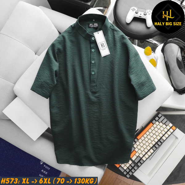 Áo sơ mi nam big size tay ngắn vải đũi cổ tàu H573