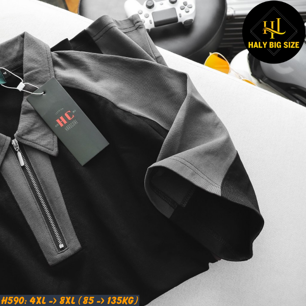Áo polo nam big size phối xám đen thời trang có dây kéo H590