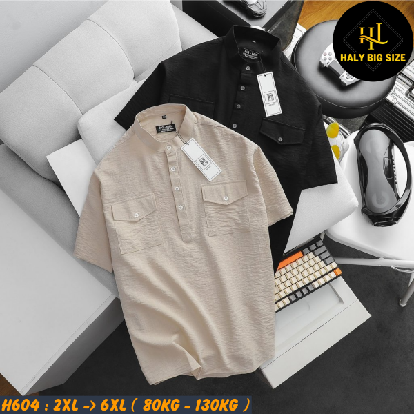 Áo sơ mi nam big size tay ngắn cổ tàu vải đũi H604