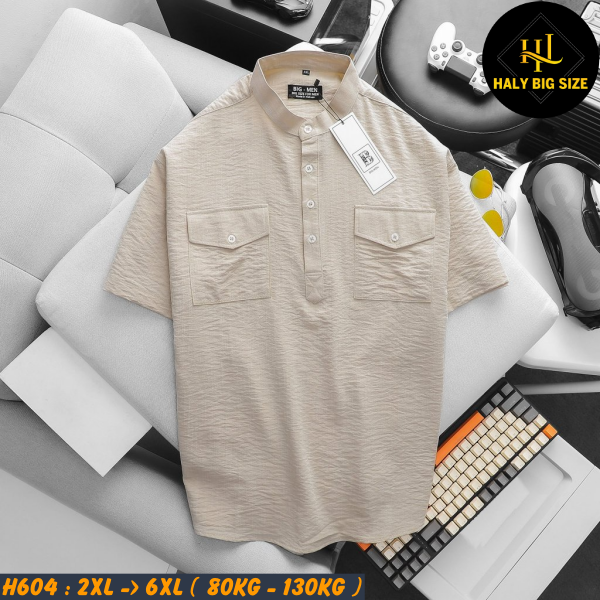 Áo sơ mi nam big size tay ngắn cổ tàu vải đũi H604