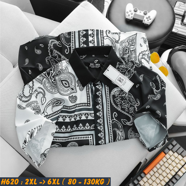 Áo sơ mi nam big size tay ngắn lụa 100d họa tiết H620