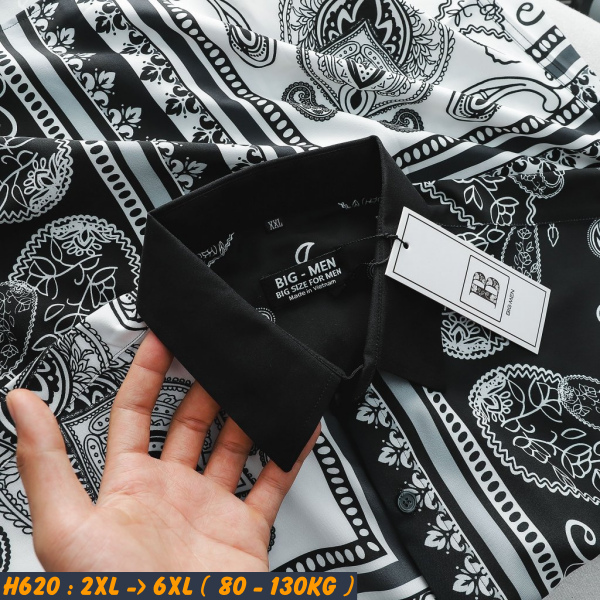 Áo sơ mi nam big size tay ngắn lụa 100d họa tiết H620