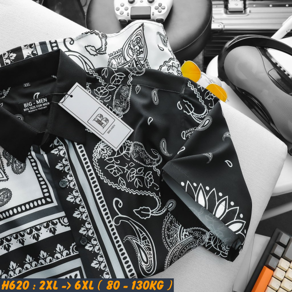 Áo sơ mi nam big size tay ngắn lụa 100d họa tiết H620